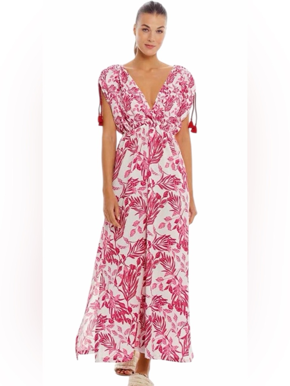 Cosita Linda Pink Floral Maxi Dress - V-Neck Drop Shoulder Tassel - Size L New